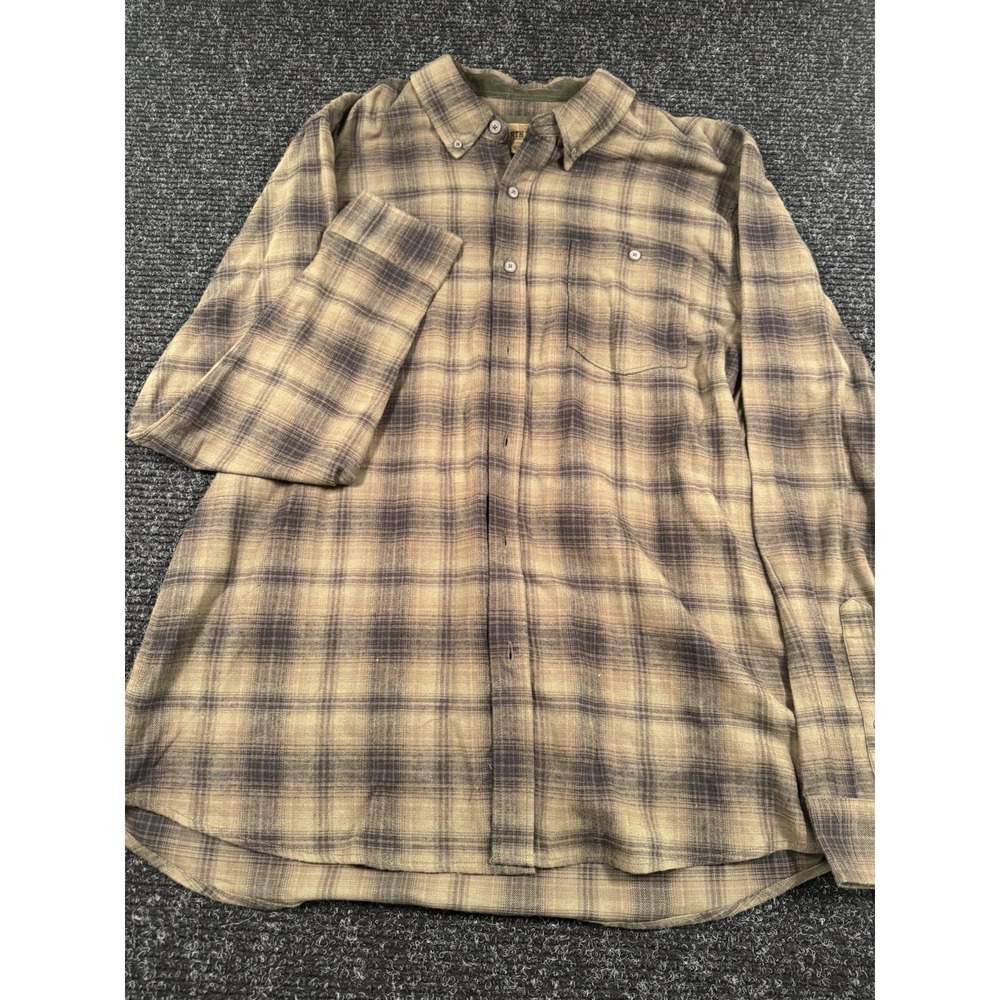 North River Flannel Shirt Mens XL Olive Brown Plaid 100% Cotton Outdoor NRM6385